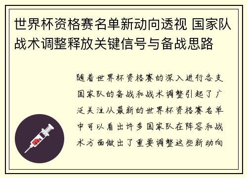 世界杯资格赛名单新动向透视 国家队战术调整释放关键信号与备战思路
