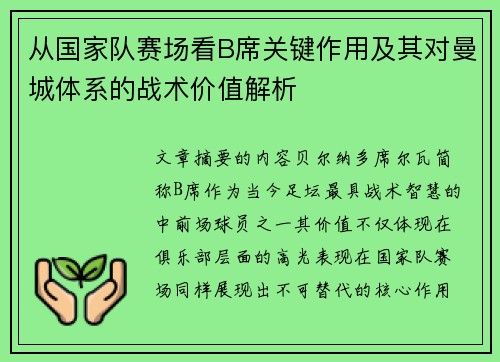 从国家队赛场看B席关键作用及其对曼城体系的战术价值解析 从国家队赛场看B席关键作用及其对曼城体系的战术价值解析