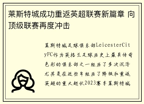莱斯特城成功重返英超联赛新篇章 向顶级联赛再度冲击